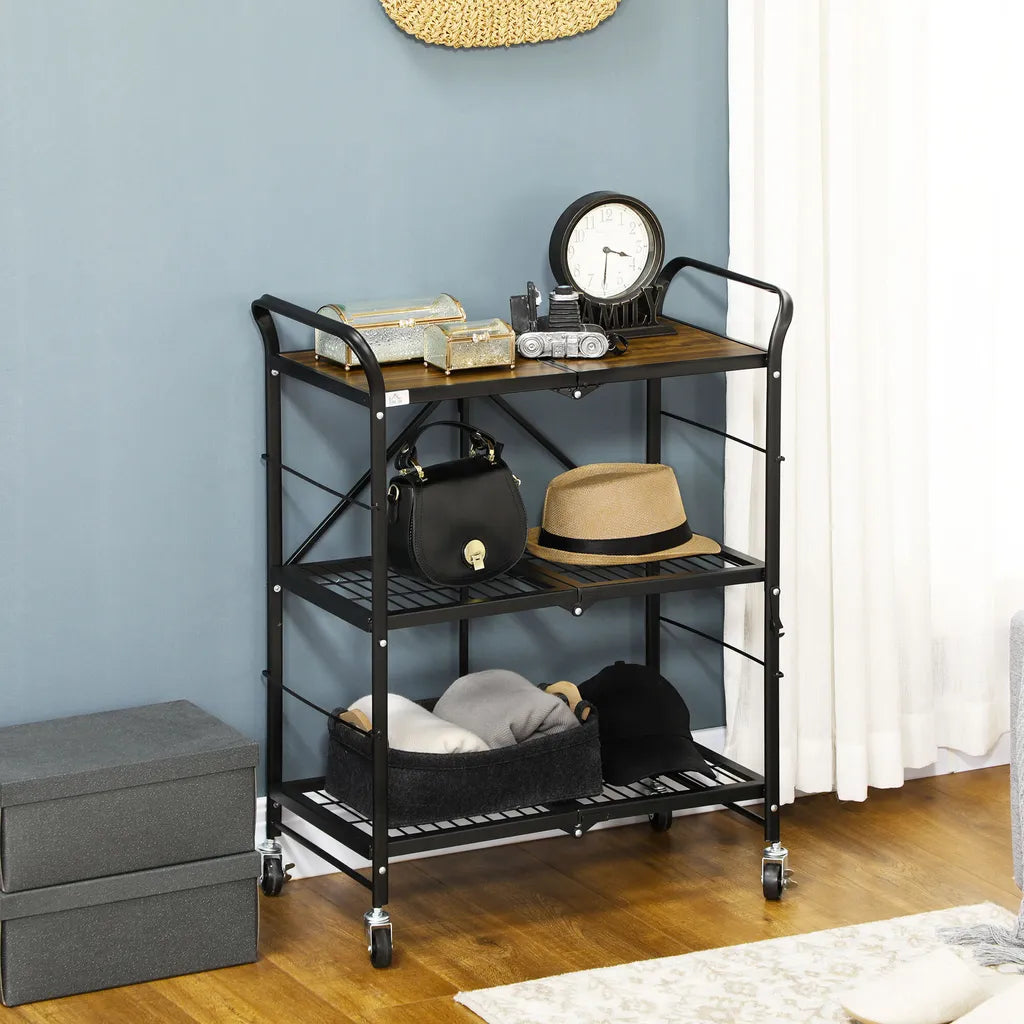  HOMCOM Rollwagen, Klappbarer Küchenwagen, Servierwagen Mit 3 Ebenen, Griff, Küchenregal Auf 4 Rollen Für Esszimmer, Wohnzimmer, Stahl, Braun+Schwarz, 68 X 35 X 85 Cm