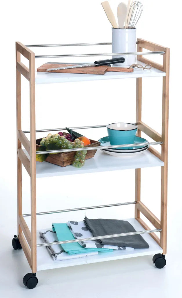  Küchentrolley Aus Bambus - 3 Weiße Ablagen - 51x30x80cm