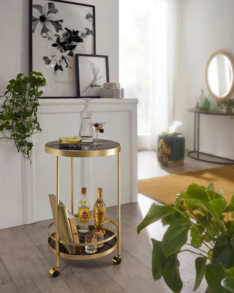  WOHNLING Design Servierwagen Gold Rund Ø 45cm 2 Ebenen | Beistelltisch Auf Rollen Mit Glasplatte Schwarz Speisewagen | Küchenwagen | Teewagen