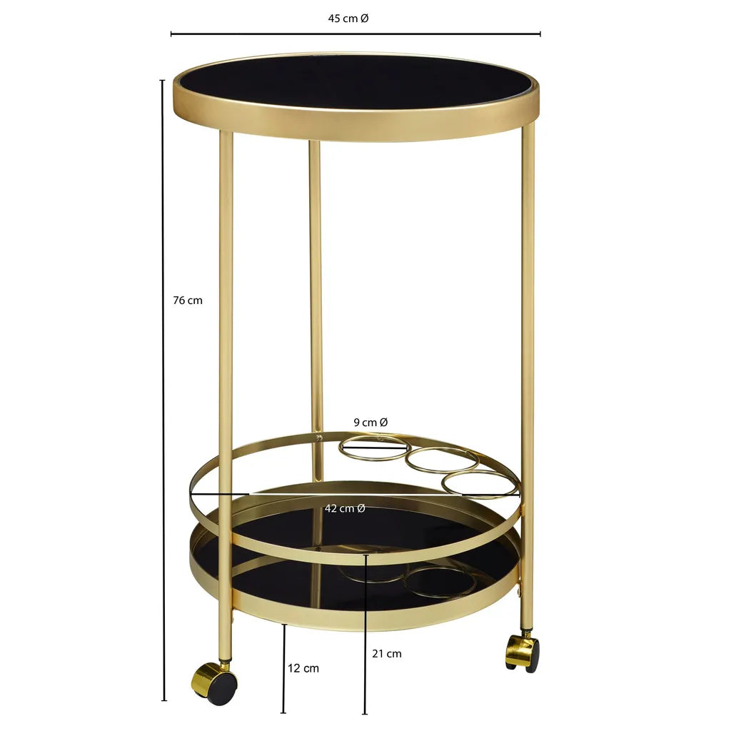  WOHNLING Design Servierwagen Gold Rund Ø 45cm 2 Ebenen | Beistelltisch Auf Rollen Mit Glasplatte Schwarz Speisewagen | Küchenwagen | Teewagen