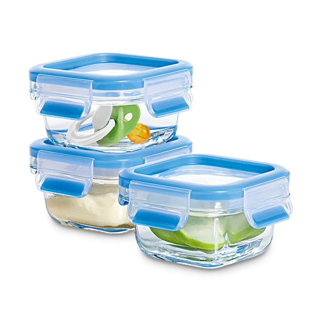  EMSA Clip & Close Glas, Set, Quadratisch, 0,2 L, Blau, Transparent, Polypropylen (PP), Thermoplastisches Elastomer (TPE), Deutschland