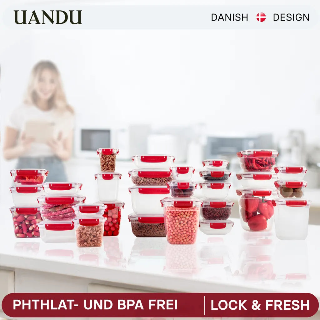  Uandu Lock & Fresh 5er Vorratsdosen Set, Frischhaltedosen Mit Deckel Für Lebensmittel, Mikrowellen-, Und Gefriergeeignet, Vorratsdosen Mit Deckel, Meal Prep Boxen, Aufbewahrungsbox Küche - Rot