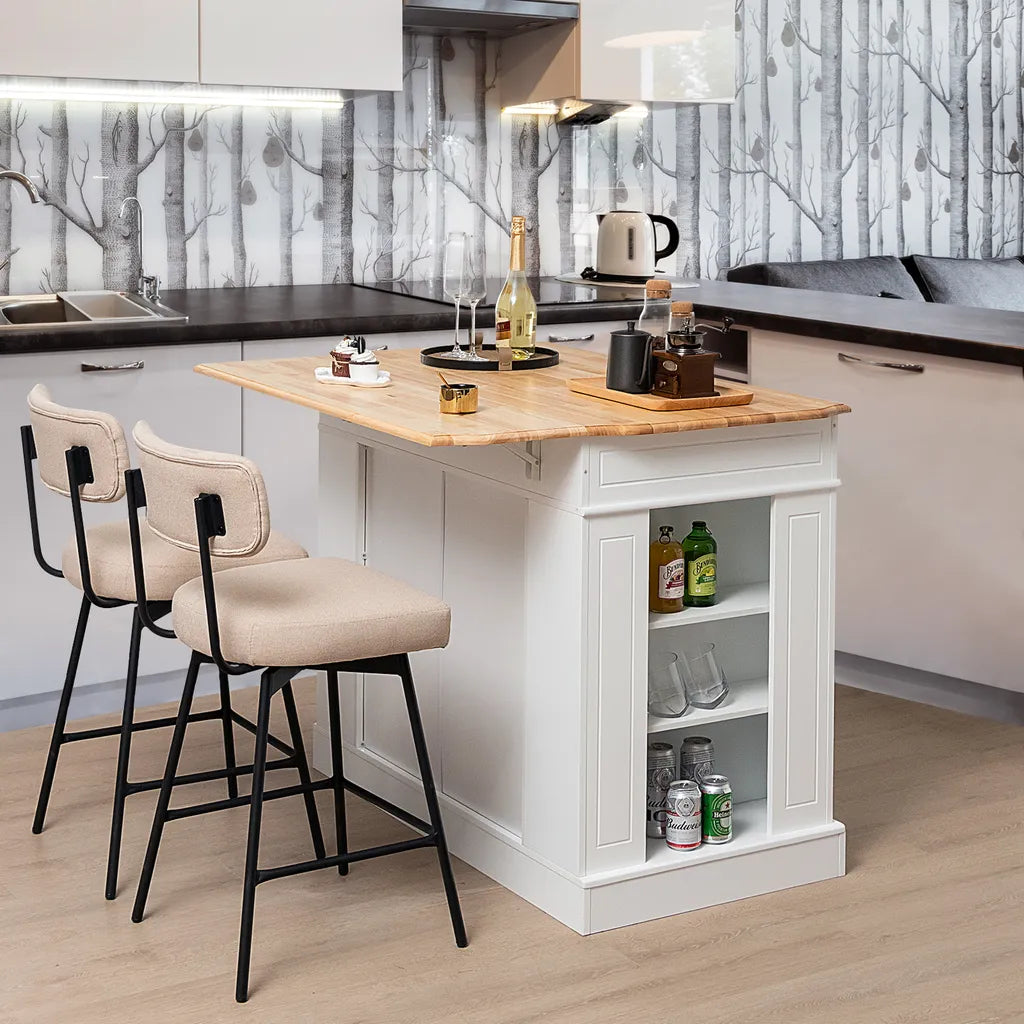  COSTWAY Kücheninsel Aus Gummiholz, Küchenschrank Klappbar Mit Ausziehbarer Arbeitsplatte, Küchenschrank Mit Schubladen, Seitenregalen, 2-türigem Schrank, 3-stufig Verstellbaren Böden