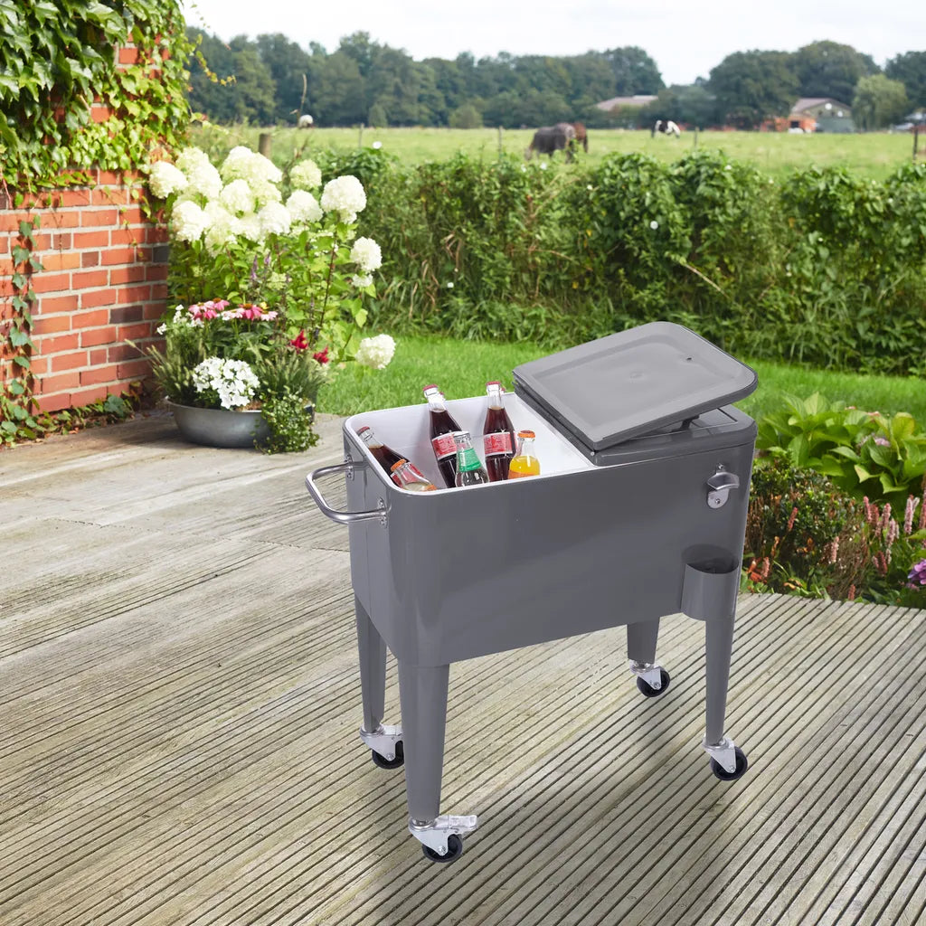  Kühlwagen, Servierwagen Outdoor Mit Großer Kühlbox, Getränkekühler Beistellwagen Für Garten, Rollbarer Party Kühlwagen Im Retro-Look – 57l, Farbe:anthrazit