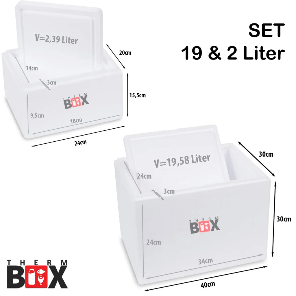 THERM BOX SET 19 & 2 Liter Styroporbox Mit Deckel Thermobox Für Essen & Getränke - Styropor Kühlbox Warmhaltebox