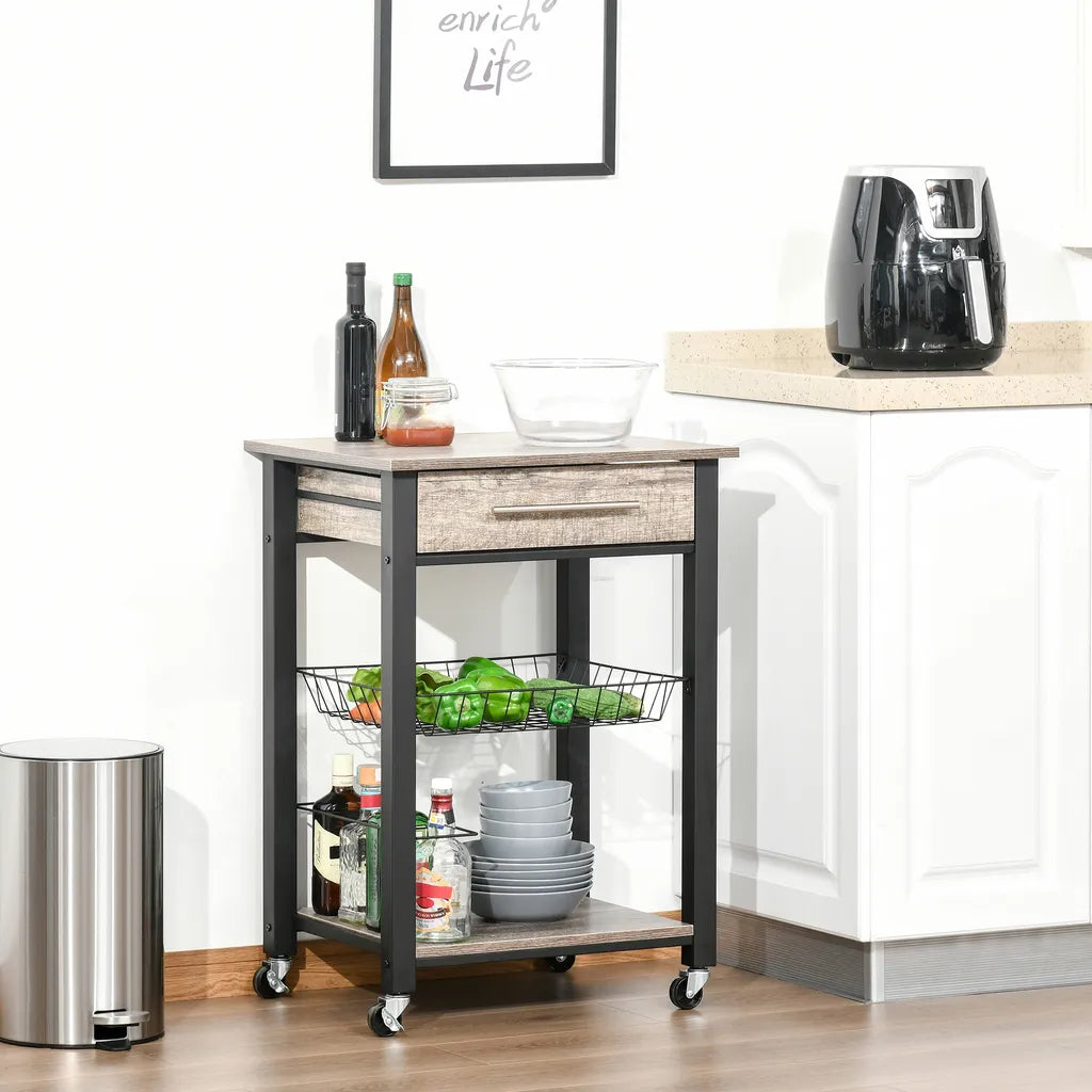  HOMCOM Küchenwagen Küchenrollwagen Servierwagen Mit Ablage Schublade Weinregal Spanplatte Metall Grau Eiche 60 X 50 X 84,5 Cm