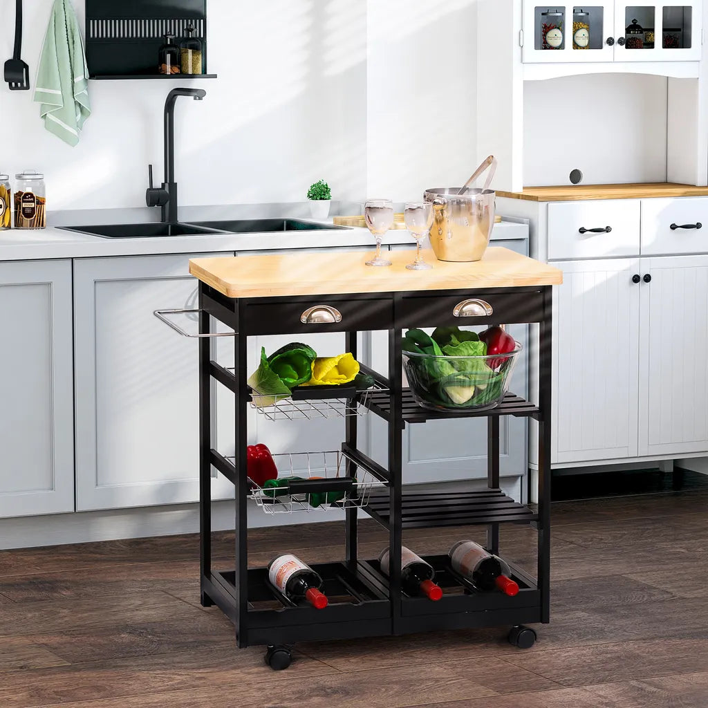  HOMCOM Küchenwagen Servierwagen Mit Ausziehbarem Korb Schublade Küchenrollwagen Weinablage Küchentrolley Holz Schwarz 74 X 37 X 76 Cm