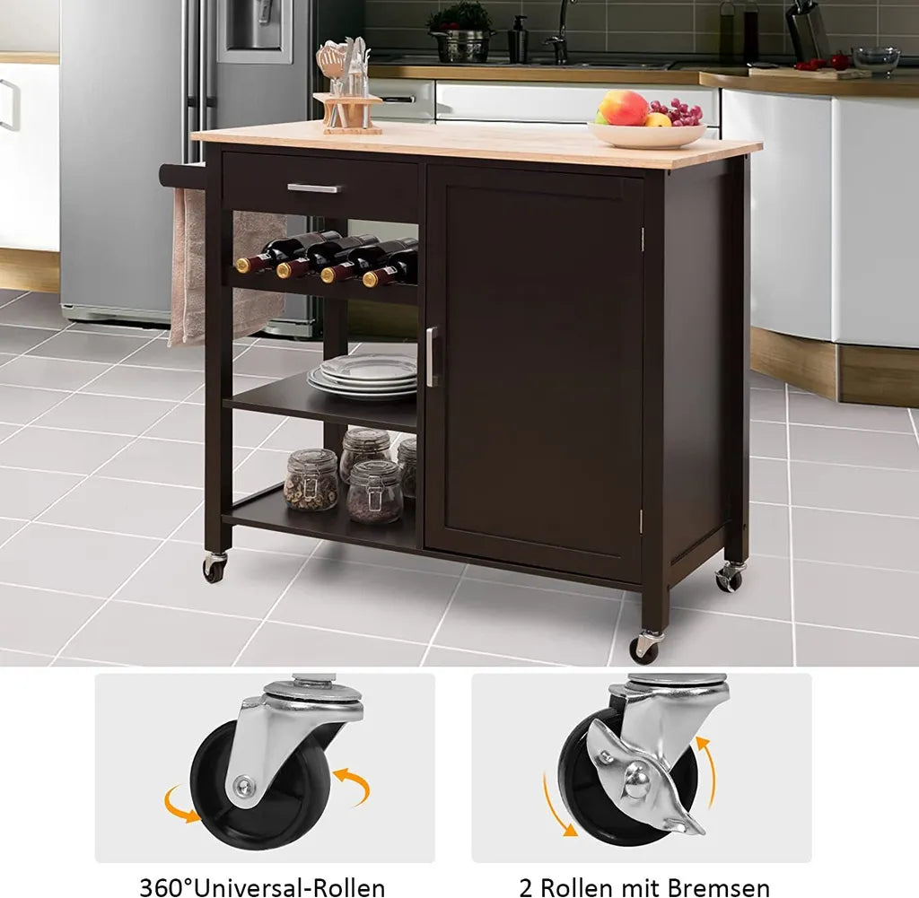  COSTWAY Küchenwagen Auf Rollen, Kücheninsel Mit Schublade, Weinregal, Offene Regale & Handtuchhalter, Platzsparender Servierwagen, Für Küche, Esszimmer, Bar, Braun