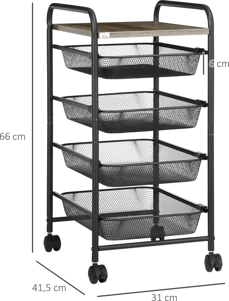  HOMCOM Rollwagen, Küchenwagen Mit 4 Körben, Aufbewahrungsregal Mit Rollen, Haushaltregal, Servierwagen Für Schlafzimmer, Wohnzimmer, Stahl, Schwarz, 41,5 X 31 X 66 Cm