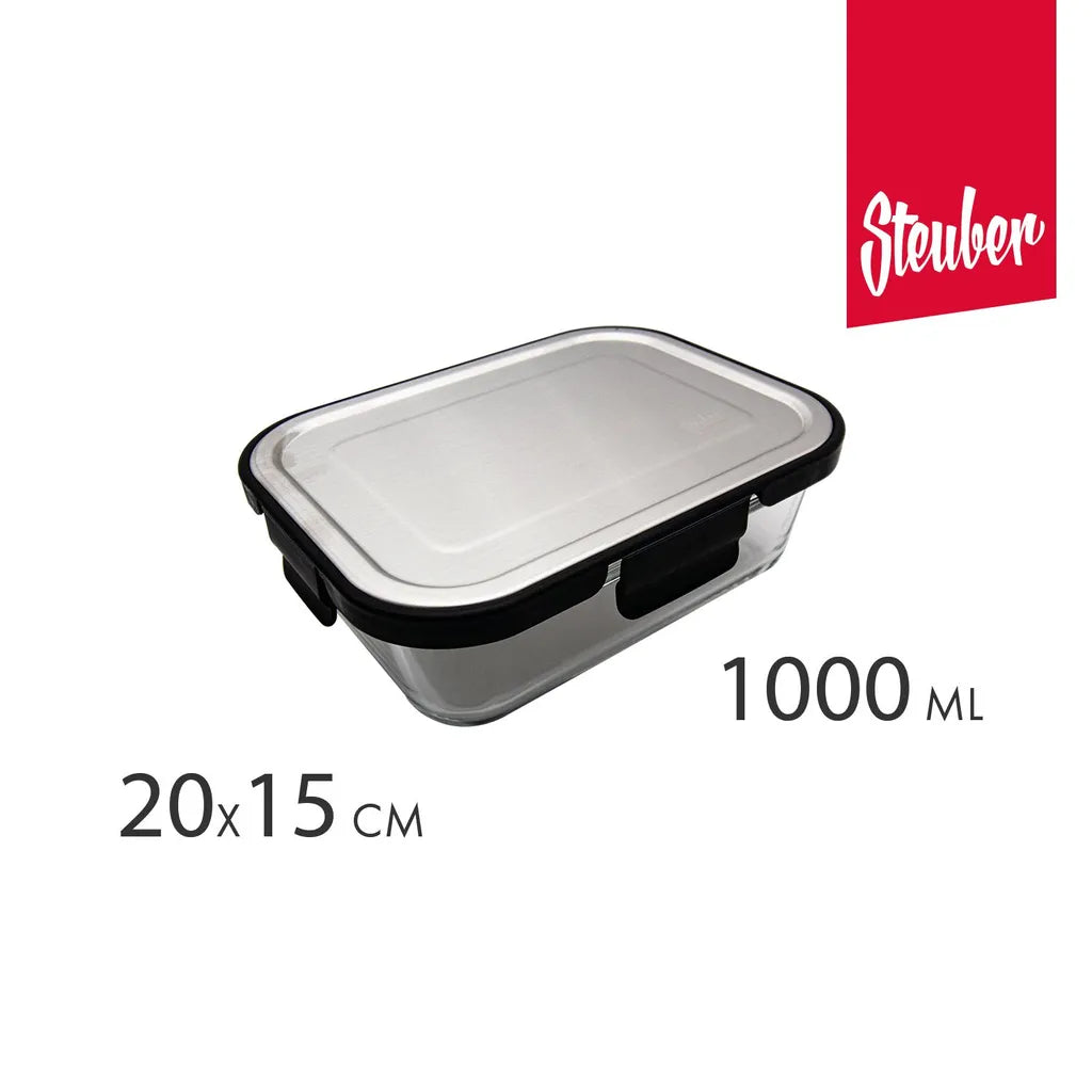  2 Stück Steuber Glas Frischhaltedose 1000ml Mit Schwarzem Edelstahldeckel, Luftdichter Silikon-Klickdeckel, Backofengeeignet