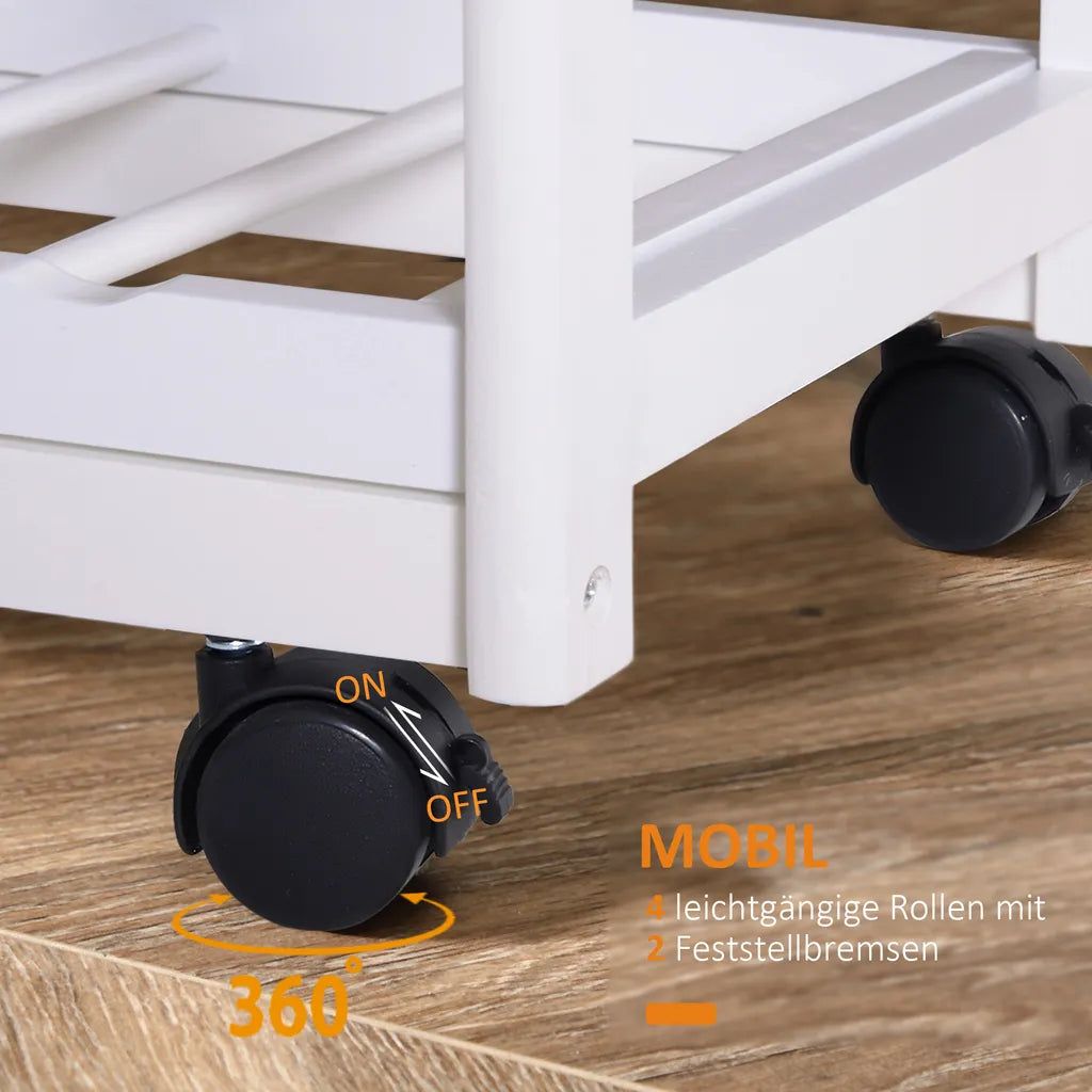  HOMCOM Küchenwagen Servierwagen Mit Ausziehbarem Korb Schublade Küchenrollwagen Weinablage Küchentrolley Holz Weiß 74 X 37 X 76 Cm