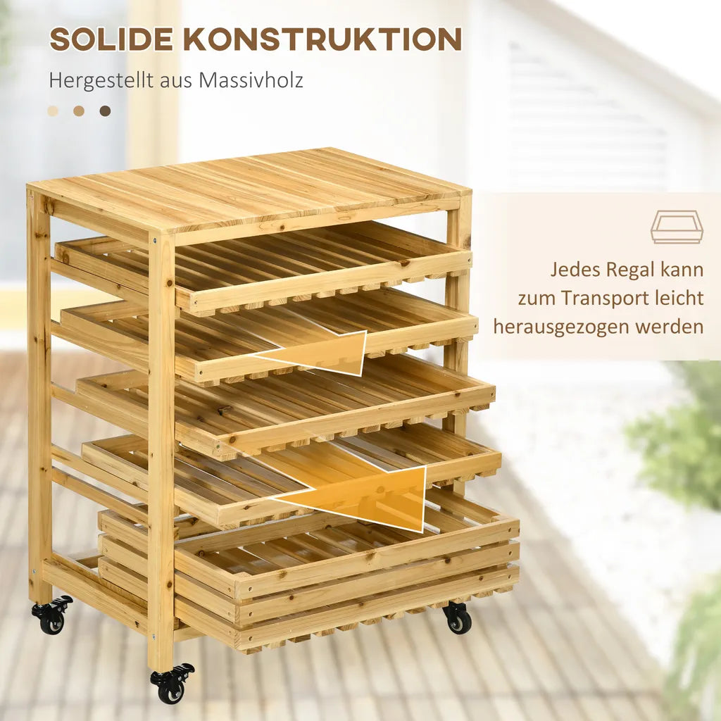  Outsunny Obsthalter Mit Rädern, Gemüseregal Mit 5 Regalen, Obstkorbständer, Aufbewahrungswagen, Für Gemüse, Obst, Bis 20 Kg Belastbar, Aus Tannenholz, Natur