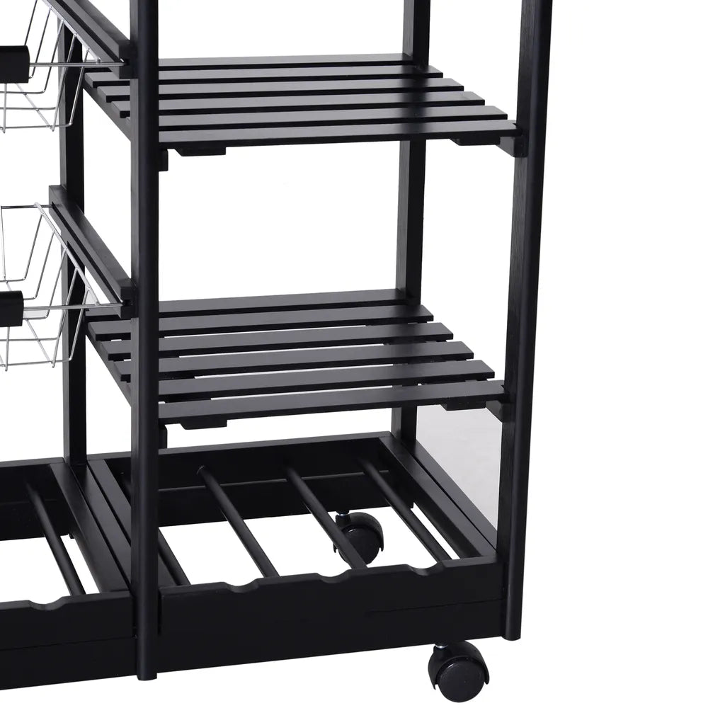  HOMCOM Küchenwagen Servierwagen Mit Ausziehbarem Korb Schublade Küchenrollwagen Weinablage Küchentrolley Holz Schwarz 74 X 37 X 76 Cm