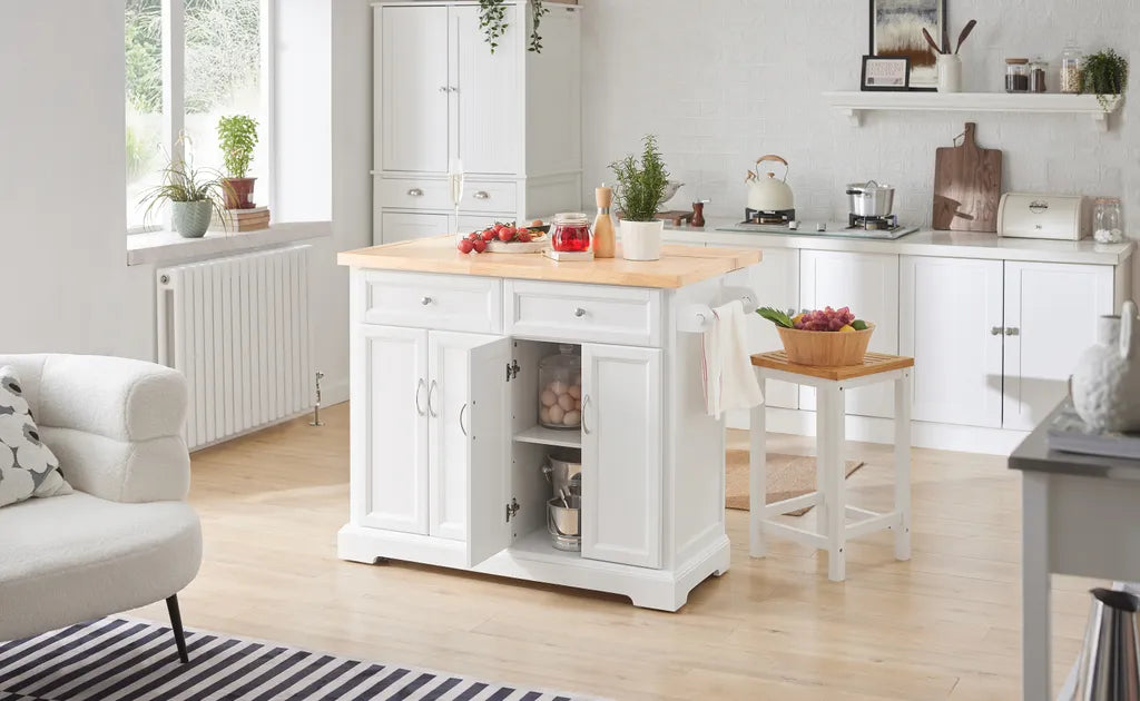  SoBuy FKW71-WN Kücheninsel Küchenwagen Mit Erweiterbarer Arbeitsplatte Küchenschrank Servierwagen Holz Weiß BHT Ca.: 115x92x46-71cm