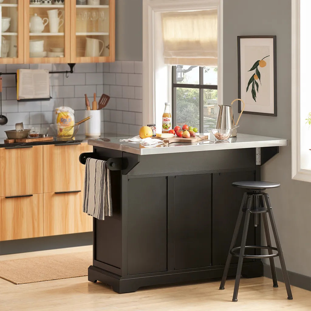  SoBuy FKW71-SCH Kücheninsel Küchenwagen Mit Erweiterbarer Edelstahlarbeitsplatte Küchenschrank Servierwagen Holz Schwarz BHT Ca.: 115x92x46-71cm