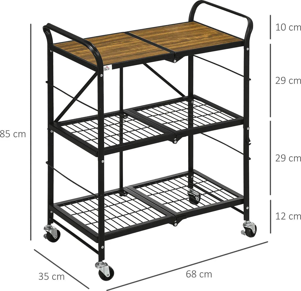  HOMCOM Rollwagen, Klappbarer Küchenwagen, Servierwagen Mit 3 Ebenen, Griff, Küchenregal Auf 4 Rollen Für Esszimmer, Wohnzimmer, Stahl, Braun+Schwarz, 68 X 35 X 85 Cm