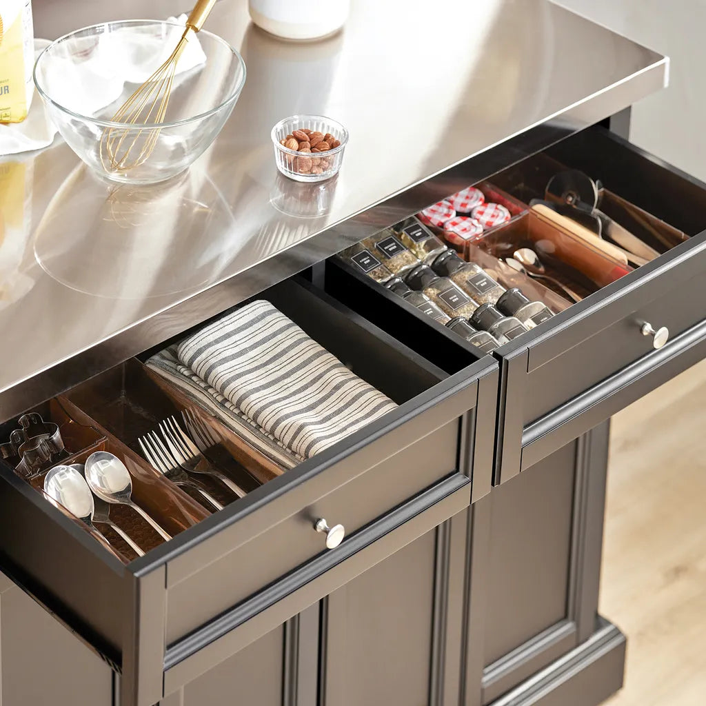  SoBuy FKW71-SCH Kücheninsel Küchenwagen Mit Erweiterbarer Edelstahlarbeitsplatte Küchenschrank Servierwagen Holz Schwarz BHT Ca.: 115x92x46-71cm