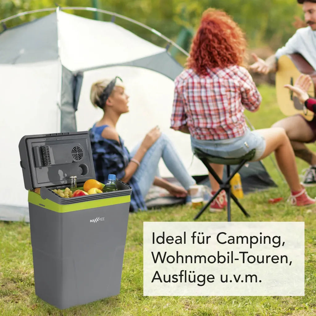  MAXXMEE Kühlbox - Wahlweise Via Netzkabel Oder KFZ-Anschluss - 22l Volumen - Grau/limegreen Kühlbox Camping Kühlschrank 22L Auto 12V 230V Thermobox Elektrisch Picknick Grau