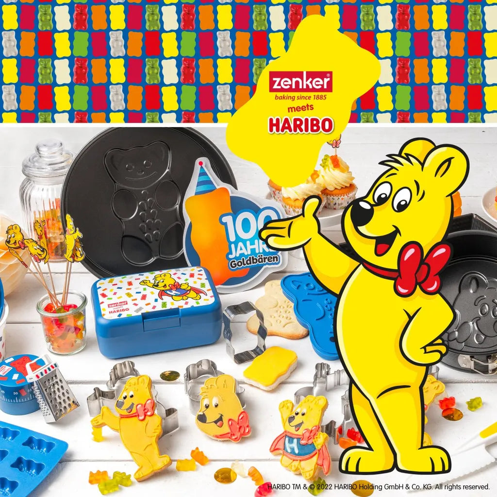  Zenker Haribo Vorratsdose Als Aufbewahrung Für Snacks Und Süßigkeiten Frischhaltedose Aus Kunststoff Mit Süßem Goldbär-Design Runde Dose Für Die Küche
