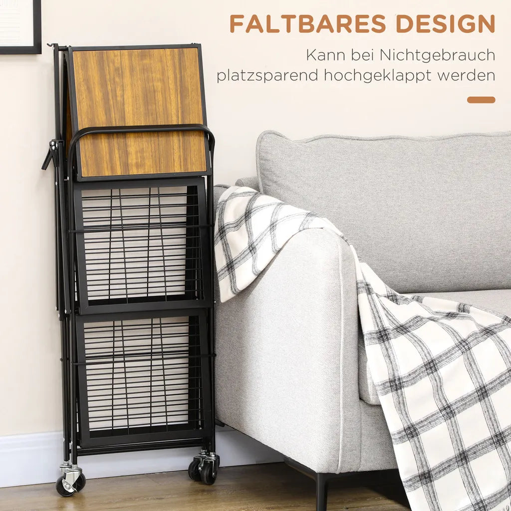  HOMCOM Rollwagen, Klappbarer Küchenwagen, Servierwagen Mit 3 Ebenen, Griff, Küchenregal Auf 4 Rollen Für Esszimmer, Wohnzimmer, Stahl, Braun+Schwarz, 68 X 35 X 85 Cm
