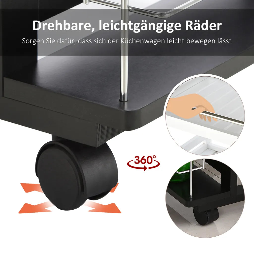  HOMCOM Servierwagen Auf Rollen, Küchenwagen Mit Arbeitsplatte Und Gewürzregal, Rollwagen, Küchentrolley, Kieferholz, Schwarz, 57 X 37 X 83 Cm