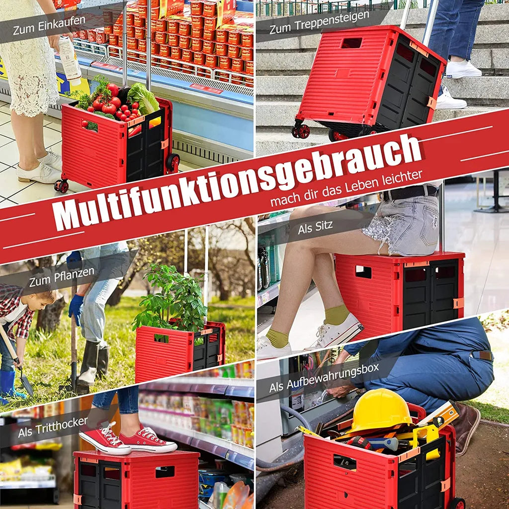  COSTWAY Einkaufstrolley Klappbar, Einkaufswagen Kunststoff Faltbar, Transport Trolley Treppensteigen 70kg Tragkraft, Einkaufskorb Mit Deckel, Teleskop Griff, 8 Rädern (Rot)