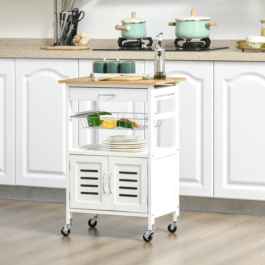  HOMCOM Küchenwagen Küchenrollwagen Servierwagen Mit Schublade Abnehmbares Tablett Bambus MDF Metall Weiß+Natur 58 X 37 X 83 Cm