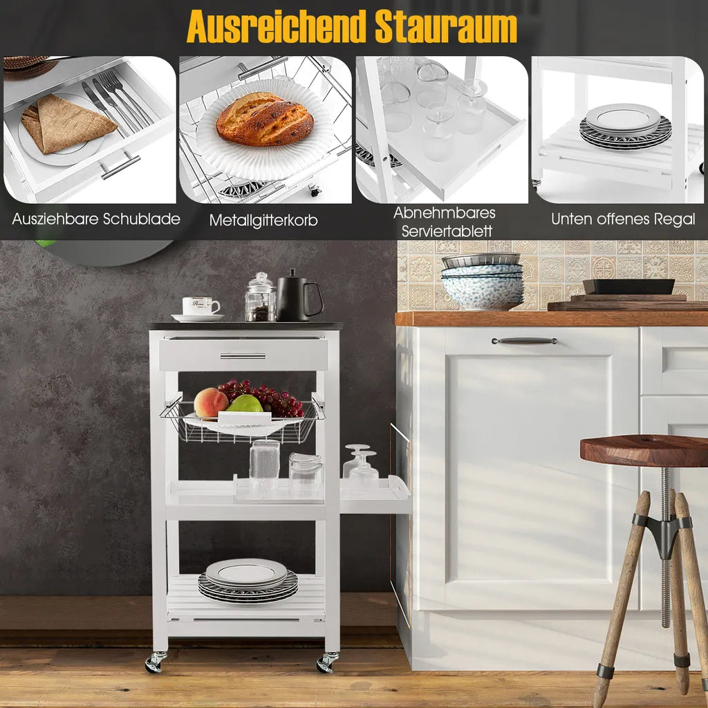  COSTWAY Kleiner Küchenwagen, Servierwagen Auf Rollen, Arbeitsplatte Aus Edelstahl, Schublade, Korb & Abnehmbarem Serviertablett, Rollwagen Kücheninsel, Küchentrolley Landhausstil Weiß, 47x39x85cm