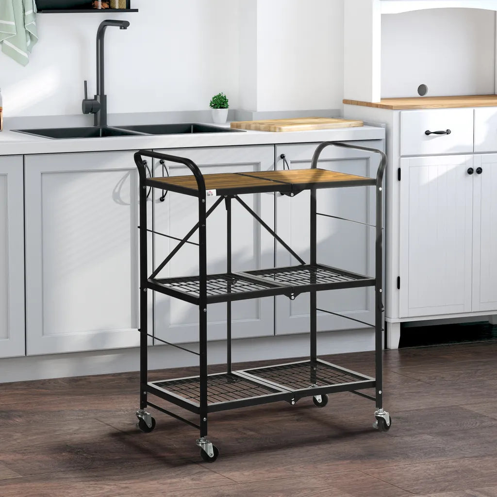  HOMCOM Rollwagen, Klappbarer Küchenwagen, Servierwagen Mit 3 Ebenen, Griff, Küchenregal Auf 4 Rollen Für Esszimmer, Wohnzimmer, Stahl, Braun+Schwarz, 68 X 35 X 85 Cm