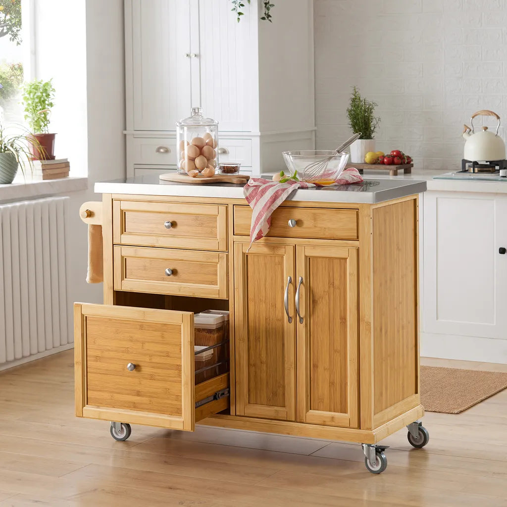  SoBuy FKW70-N Küchenwagen Servierwagen Kücheninsel Küchenschrank Aus Bambus Mit Edelstahlarbeitsplatte BHT Ca.: 115x92x46cm