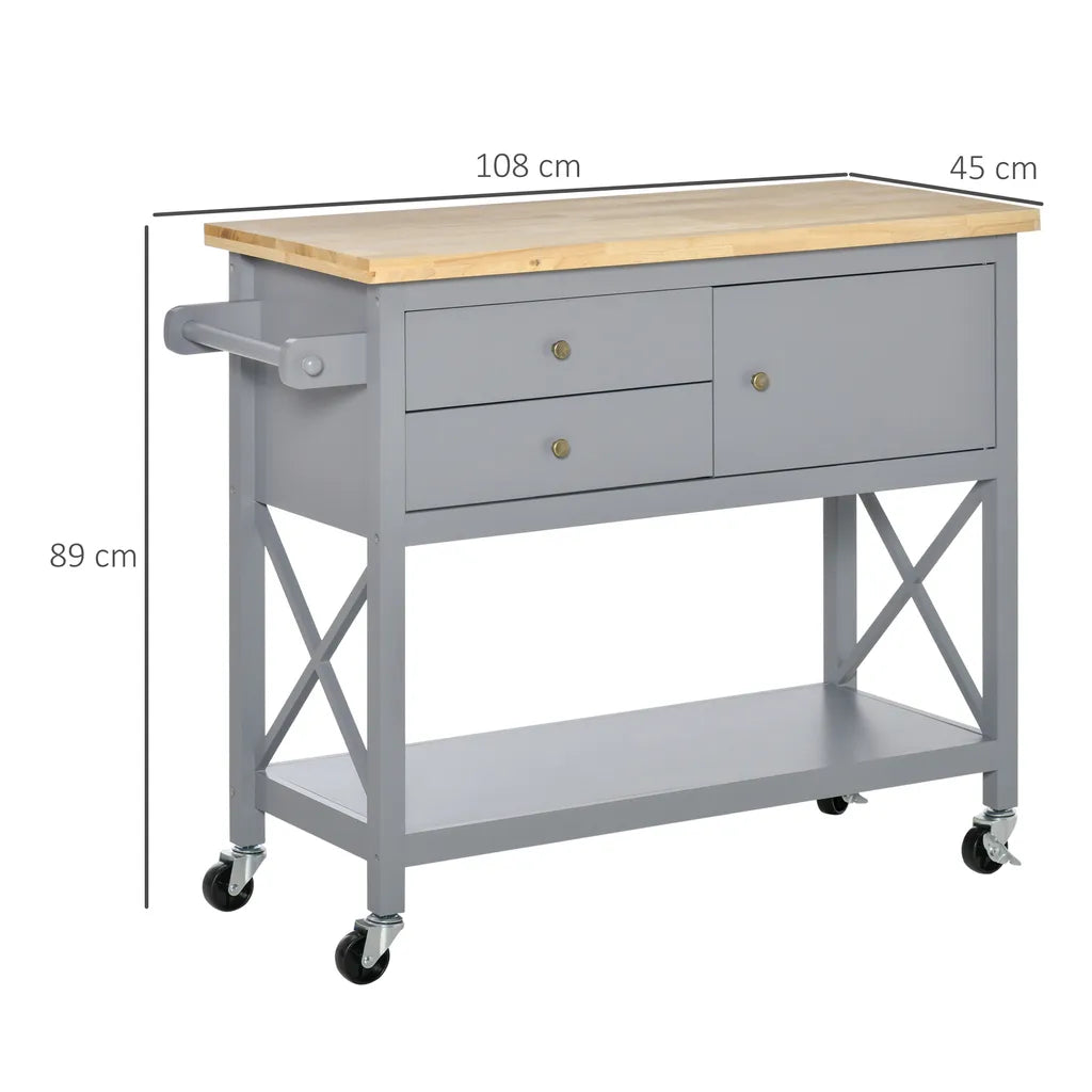  HOMCOM Küchenwagen Rollbar Servierwagen Standregal Küchentrolley Schrank Mit Schublade Bodenregal Handtuchhalter Für Küche Esszimmer Gummiholz MDF Grau+Natur 108 X 45 X 89 Cm