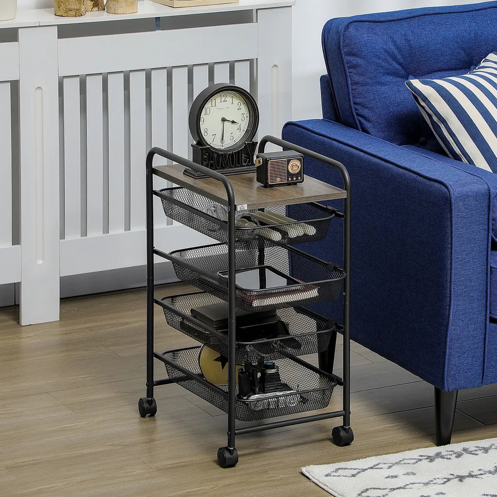  HOMCOM Rollwagen, Küchenwagen Mit 4 Körben, Aufbewahrungsregal Mit Rollen, Haushaltregal, Servierwagen Für Schlafzimmer, Wohnzimmer, Stahl, Schwarz, 41,5 X 31 X 66 Cm