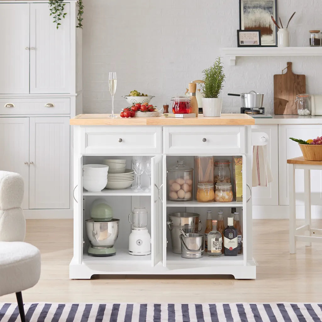  SoBuy FKW71-WN Kücheninsel Küchenwagen Mit Erweiterbarer Arbeitsplatte Küchenschrank Servierwagen Holz Weiß BHT Ca.: 115x92x46-71cm