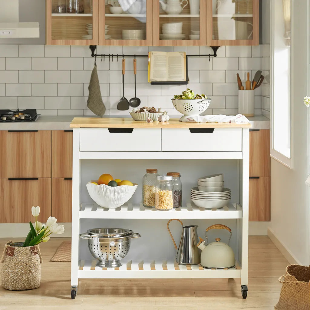  SoBuy FKW74-WN Servierwagen Kücheninsel Sideboard Küchenwagen Küchenschrank Mit 2 Schubladen Und Ablagen Weiß-Natur BHT Ca.: 100x94x60cm