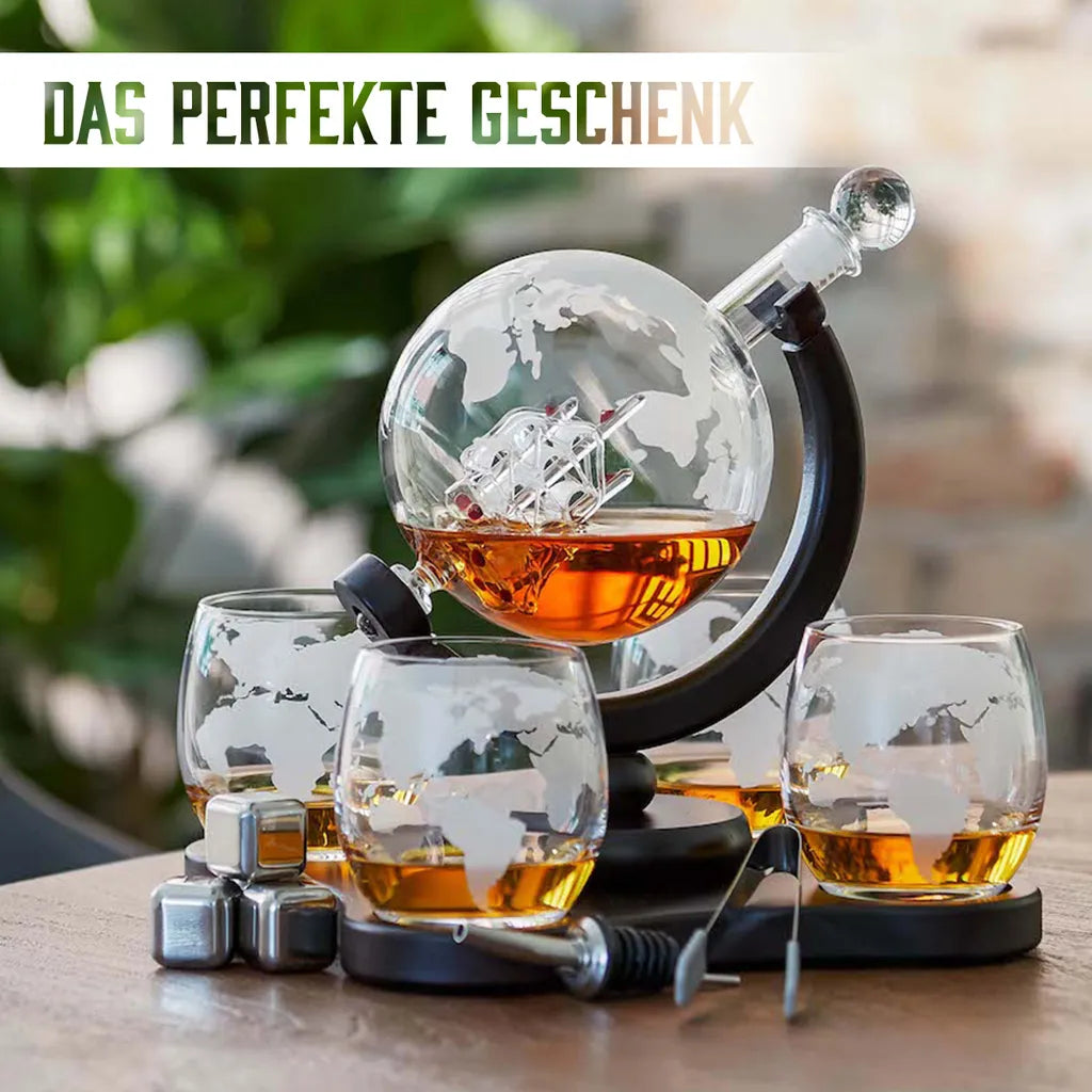  Whisiskey - Whisky Karaffe - Geschenke Für Männer - Komplette Whiskey Set - Globus - 900ML – Inkl. 4 Whisky Steine, 4 Whisky Gläser & Ausgießer - Whisky Dekanter – Whiskygläser - Natursteine