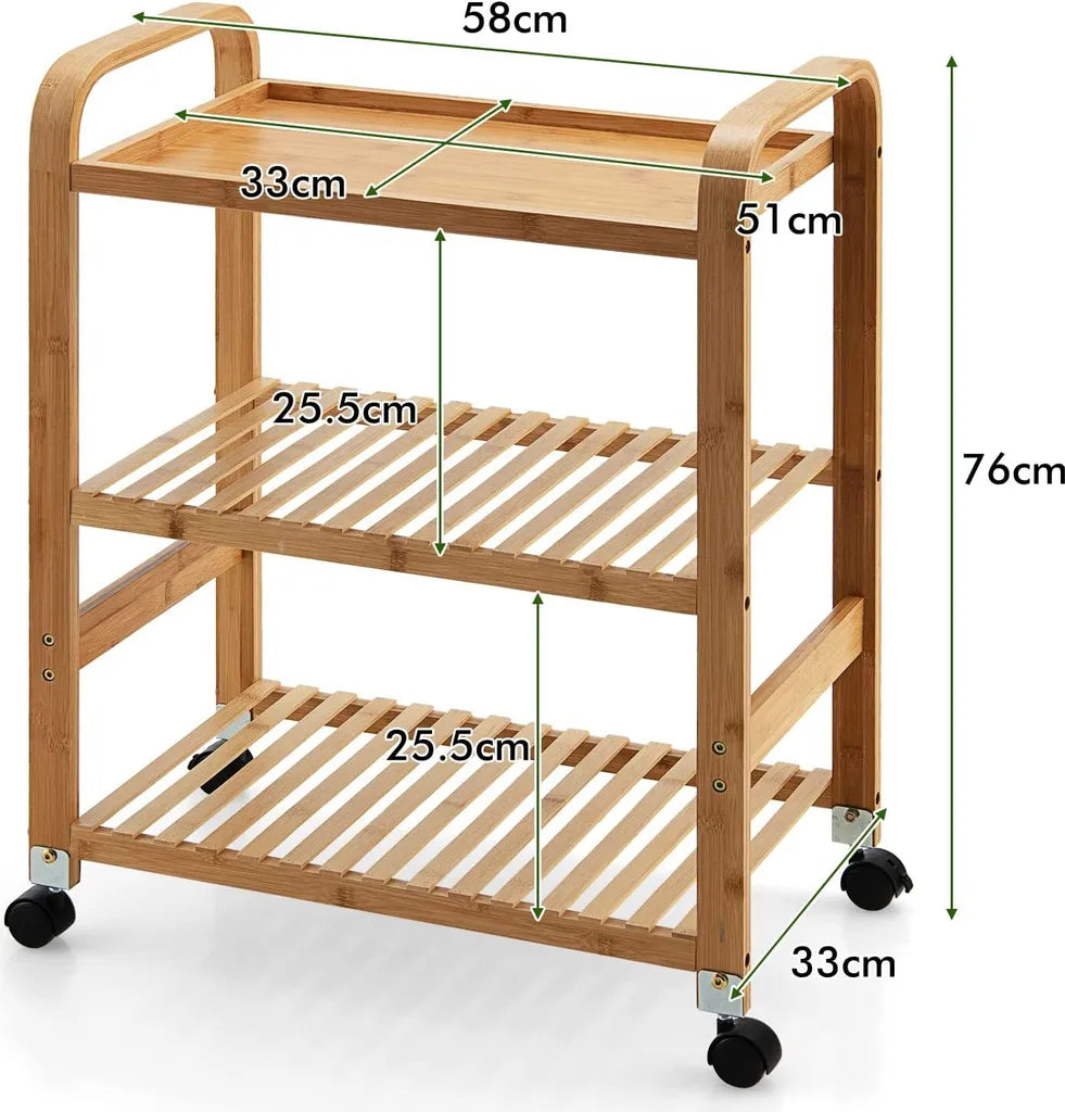  COSTWAY Servierwagen Mit 3 Ablagen, Griffen & Abnehmbarem Rollen, Küchenwagen Bambus Auf Rädern, Mobiler Allzweckwagen Rollwagen Lagerregal Für Küche, Flur & Bad, 58 X 33 X 76 Cm