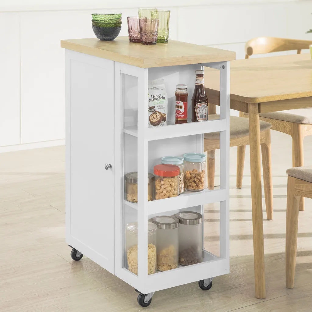  SoBuy FKW75-WN Küchenwagen Servierwagen Beistellwagen Rollwagen Mit 1 Tür Und 3 Regalböden Weiß-Natur BHT Ca.: 60x90x40cm