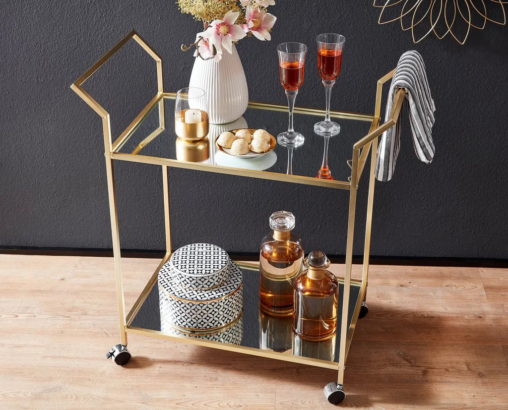  WOHNLING Design Servierwagen Gold 73x78x37 Cm Küchenwagen Glas / Metall | Mobiler Beistelltisch | Speisewagen Mit Glasplatte | Teewagen Mini Bar Auf 4 Rollen