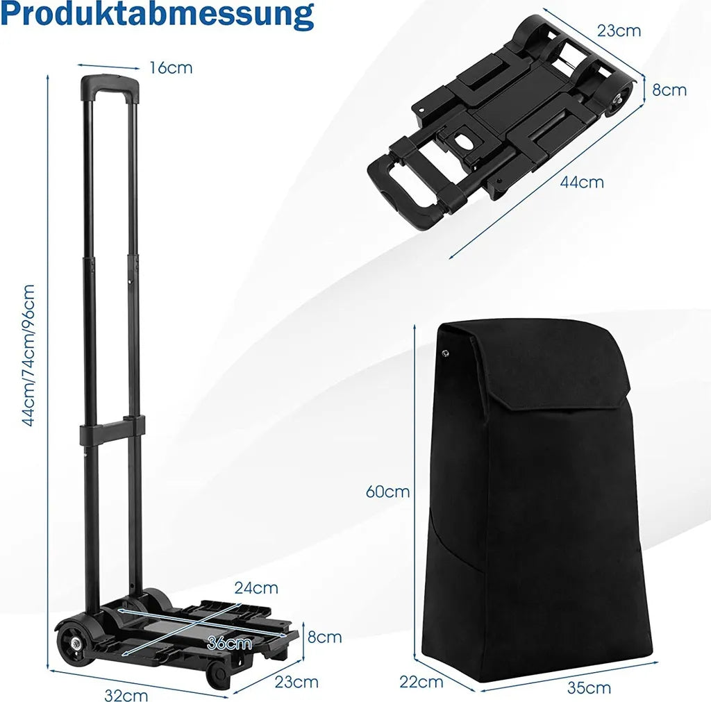  COSTWAY 2in1 Einkaufswagen & Trolley Mit 38L-Fassungsvermögen, 3-stufig Höhenverstellbarer Einkaufsroller Mit 2 Rädern & 2 Seitentaschen & Reißverschlusstasche, Bis 60kg Belastbar Schwarz