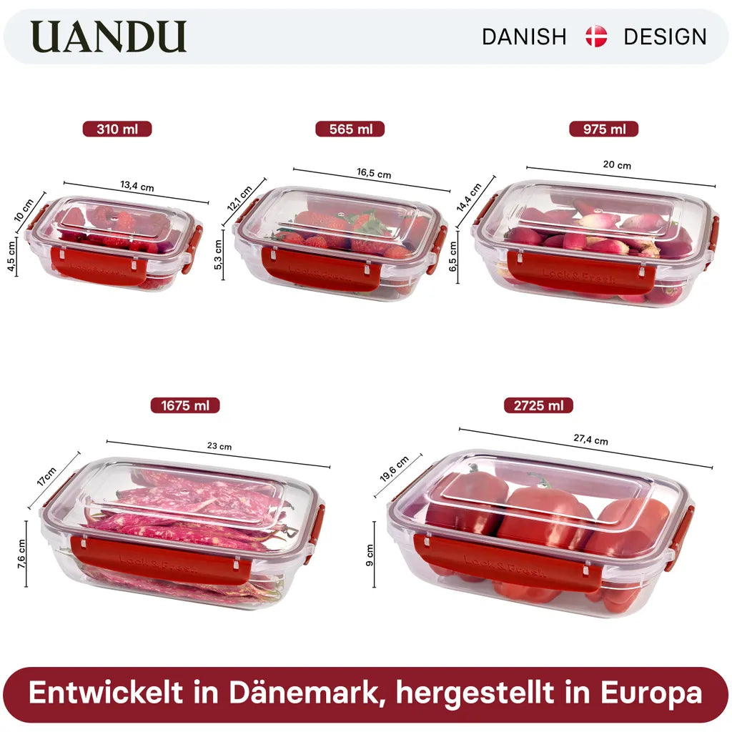  Uandu Lock & Fresh 5er Vorratsdosen Set, Frischhaltedosen Mit Deckel Für Lebensmittel, Mikrowellen-, Und Gefriergeeignet, Vorratsdosen Mit Deckel, Meal Prep Boxen, Aufbewahrungsbox Küche - Rot