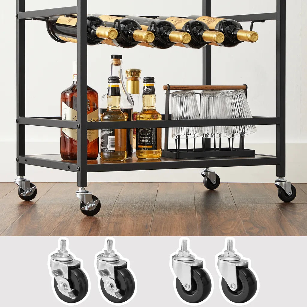  VASAGLE Servierwagen, Küchenwagen Auf Rollen, Mit Ablagen, Glas- Und Flaschenhaltern, 60 X 40 X 75 Cm, Industrie-Design, Vintagebraun-schwarz LRC087B01