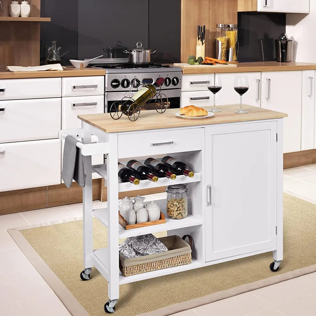  COSTWAY Küchenwagen Auf Rollen, Kücheninsel Mit Schublade, Weinregal, Offene Regale & Handtuchhalter, Platzsparender Servierwagen, Für Küche, Esszimmer, Bar, Weiß