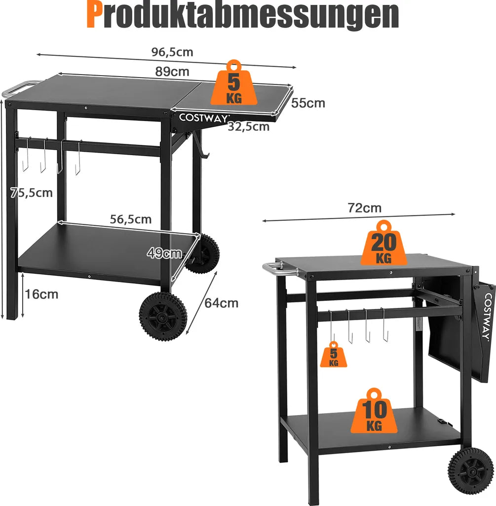  COSTWAY Grilltisch Mit Klappbarer Tischplatte, Beweglicher Campingtisch Mit 2 Ablagen & 4 Haken, Metall Grillwagen Für Außenbereich, Rollwagen Zum Grillen & Outdoorküche, Zubereitungswagen Schwarz