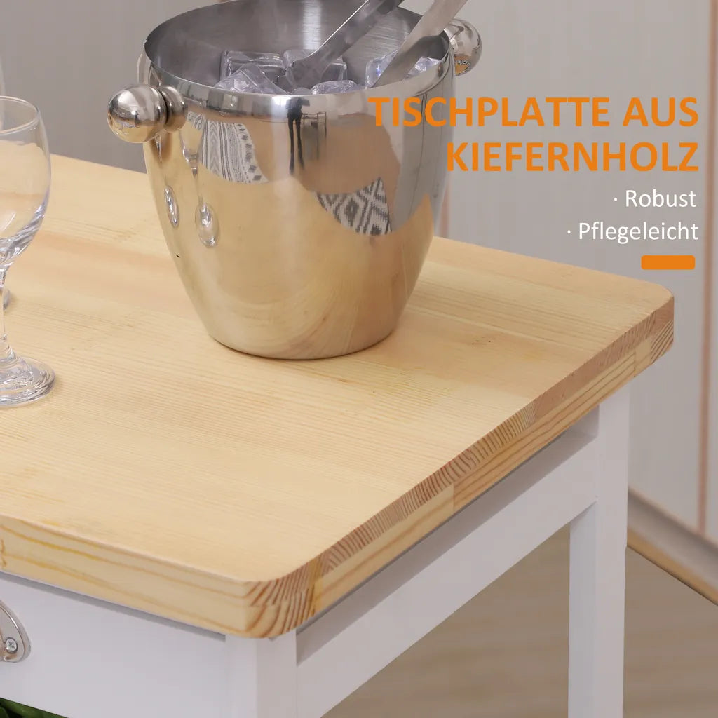  HOMCOM Küchenwagen Servierwagen Mit Ausziehbarem Korb Schublade Küchenrollwagen Weinablage Küchentrolley Holz Weiß 74 X 37 X 76 Cm