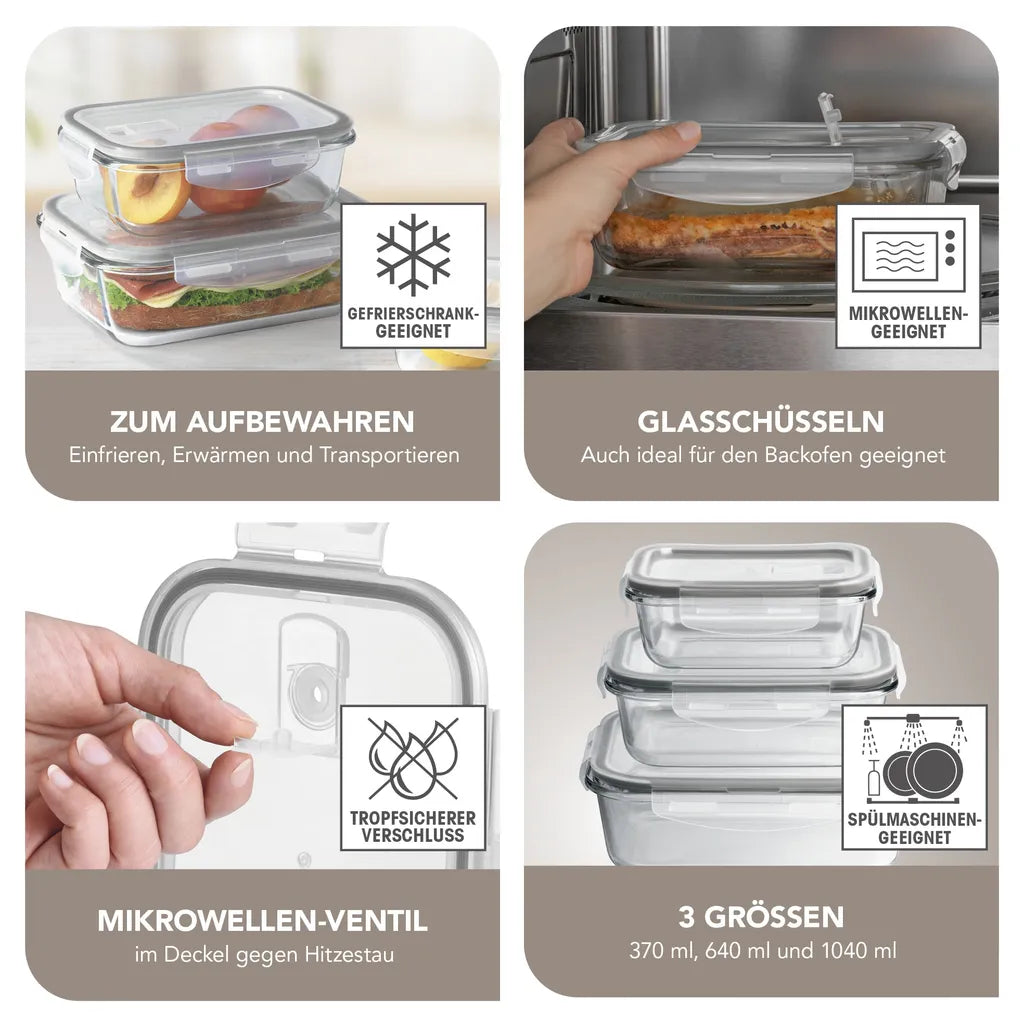  GOURMETmaxx Glas-Frischhaltedosen Klick-it Mit Mikrowellen-Ventil - 6-teilig - Grau
