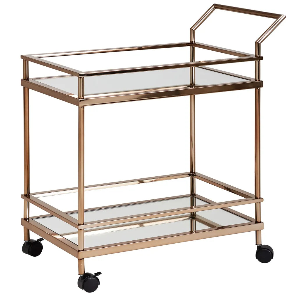  WOHNLING Design Servierwagen Dunkles Gold 2 Ebenen Mit Bremsen | Beistelltisch Auf Rollen | Speisewagen Mit Glasplatte | Küchenwagen | Teewagen