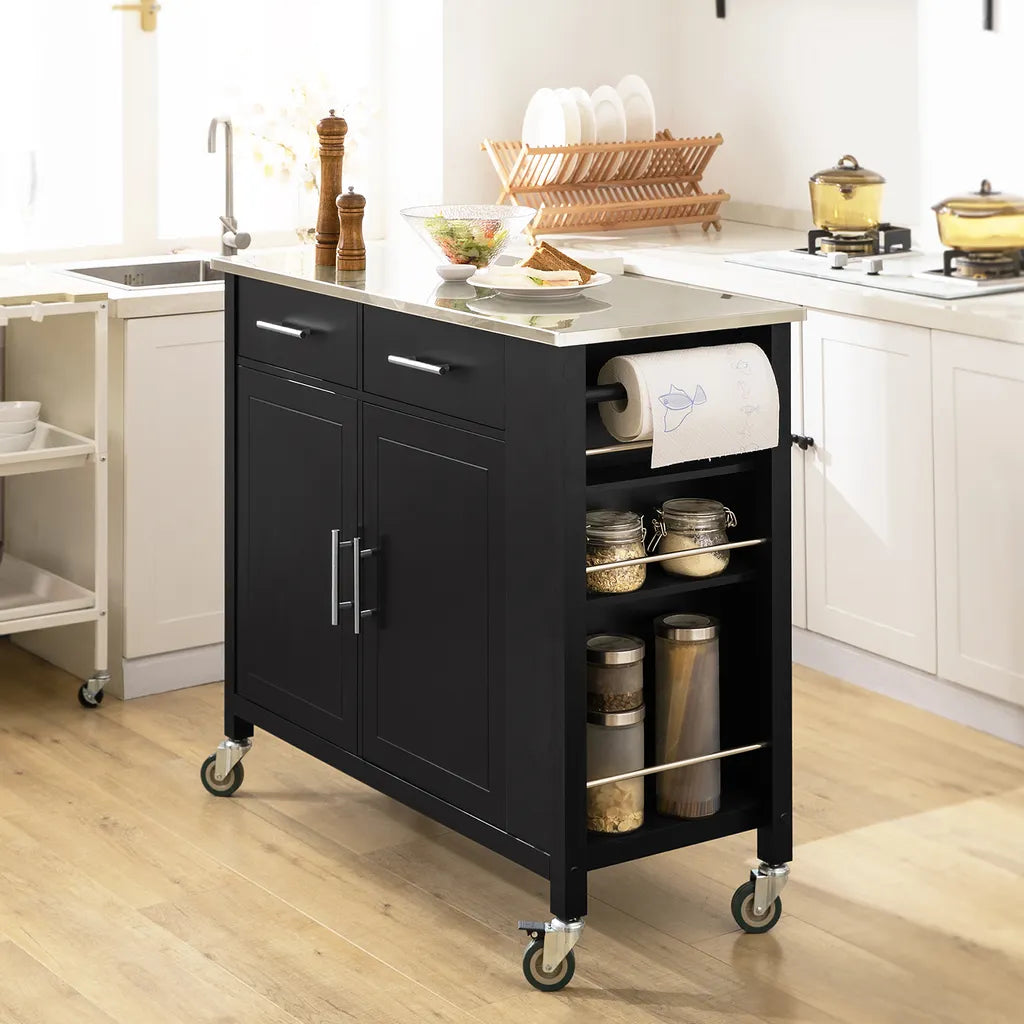  SoBuy FKW108-SCH Design Küchenwagen Mit Edelstahlplatte Kücheninsel Küchenschrank Rollwagen Sideboard Servierwagen Schwarz BHT Ca.: 107x94x46cm