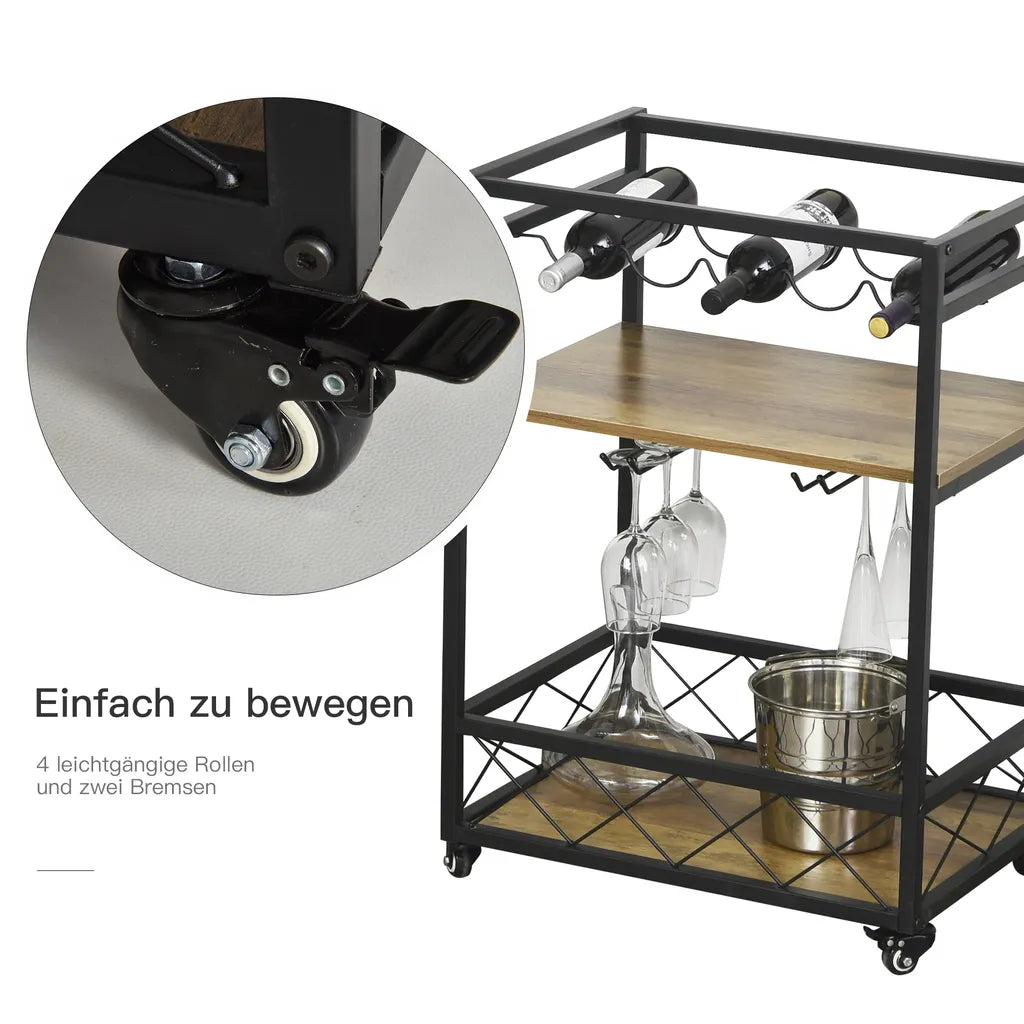  HOMCOM Rollwagen Servierwagen Auf Rollen, Küchenwagen Mit Weinregal Und Glashalter, Mit Bremsen, Metall, 77 X 44,5 X 91 Cm