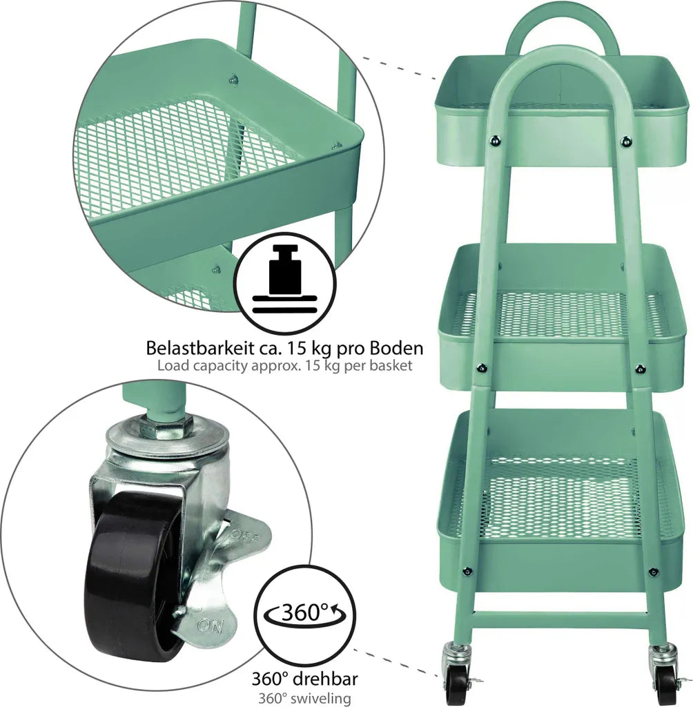  ONVAYA® Servierwagen Silvio | Beistellwagen | Mint | 30,5 X 45 X 77 Cm | 3 Fächer | Multifunktionswagen | Transportwagen | Allzweckwagen | Küchentrolley | Nischenregal
