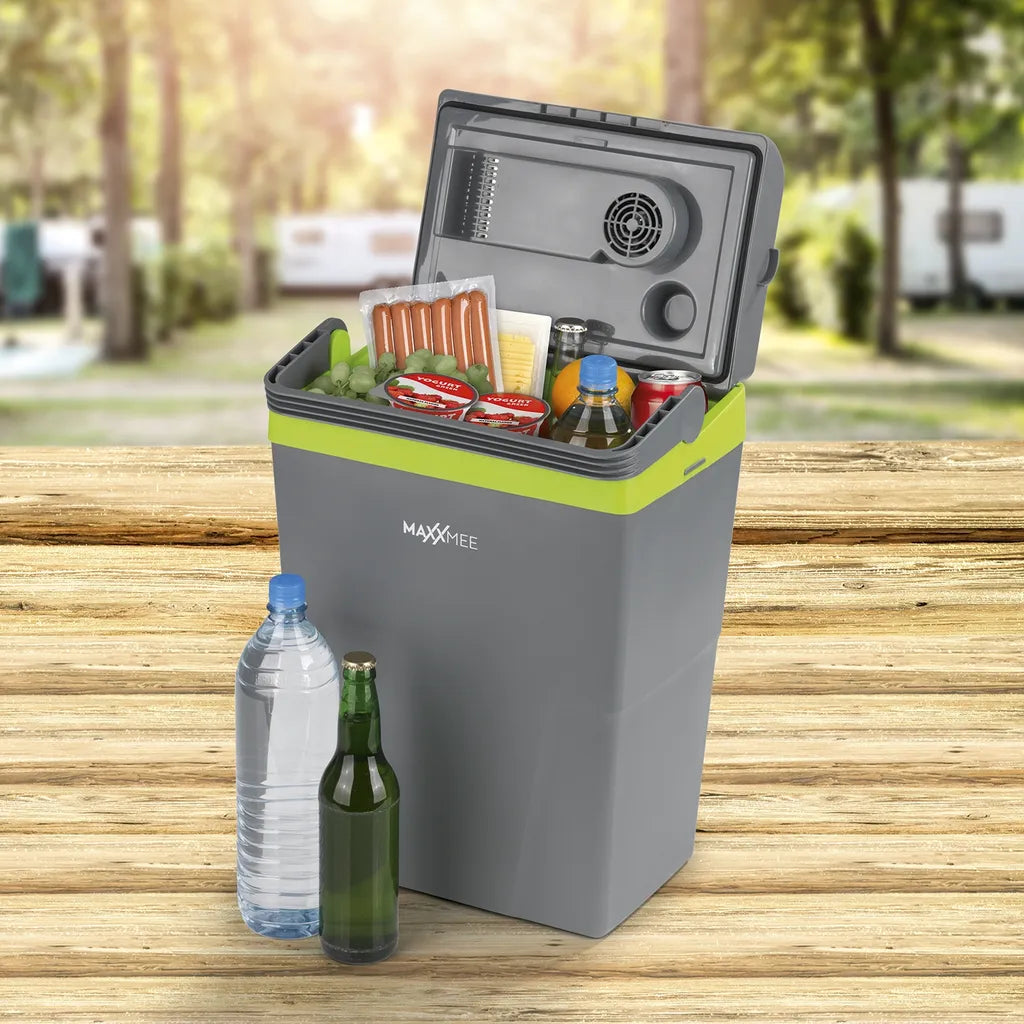  MAXXMEE Kühlbox - Wahlweise Via Netzkabel Oder KFZ-Anschluss - 22l Volumen - Grau/limegreen Kühlbox Camping Kühlschrank 22L Auto 12V 230V Thermobox Elektrisch Picknick Grau